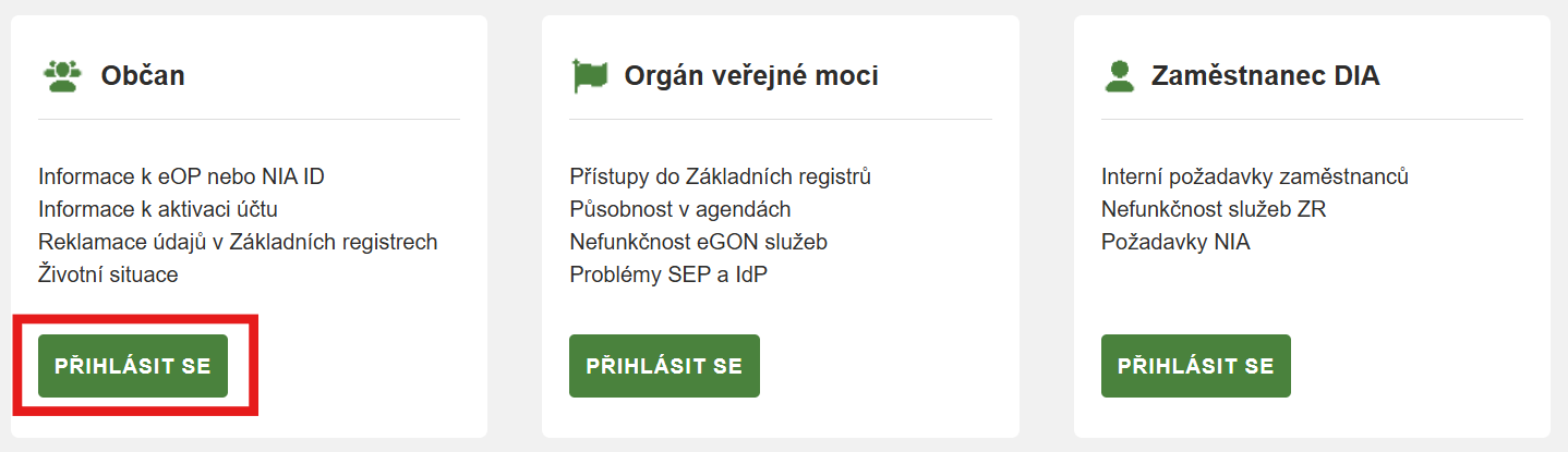 Přihlásí se jako občan kliknutím na tlačítko „PŘIHLÁSIT SE“