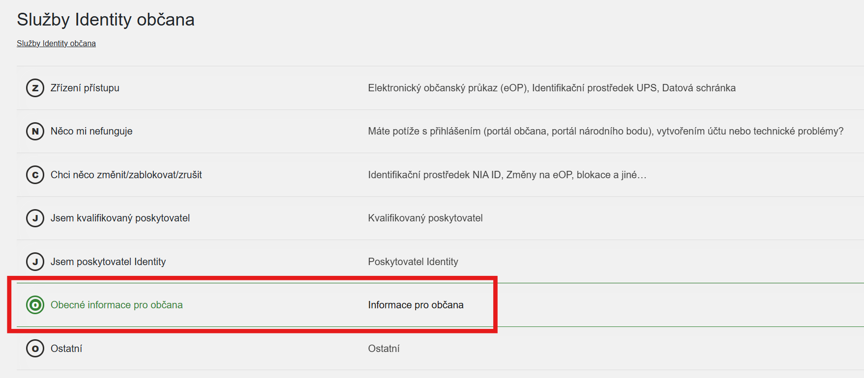 Vybere kategorii služby Identity občana kliknutím na „Ostatní“