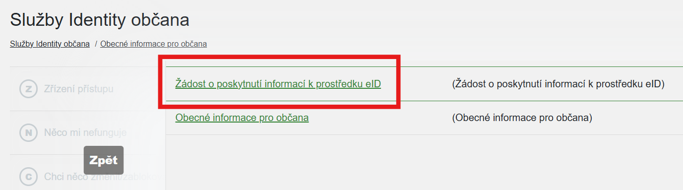 Klikne na „Žádost o poskytnutí informací k prostředku eID“