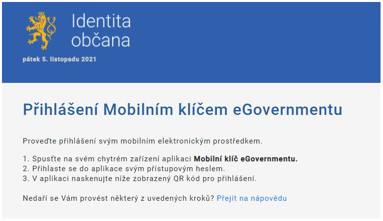 Stránka přihlášení mobilním klíčem eGovernmentu